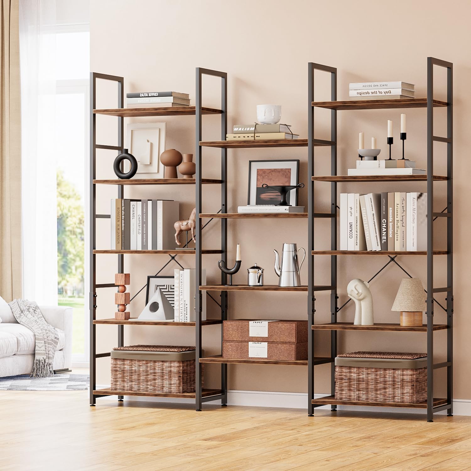 NUMENN Triple Column 5 Tier Bookshelf, Bookcase with 14 Open Display Shelves, Adjustable Rustic Industrial Style Book Shelves, Modern Bookshelves for Bedroom, Living Room and Home Office, Vintage