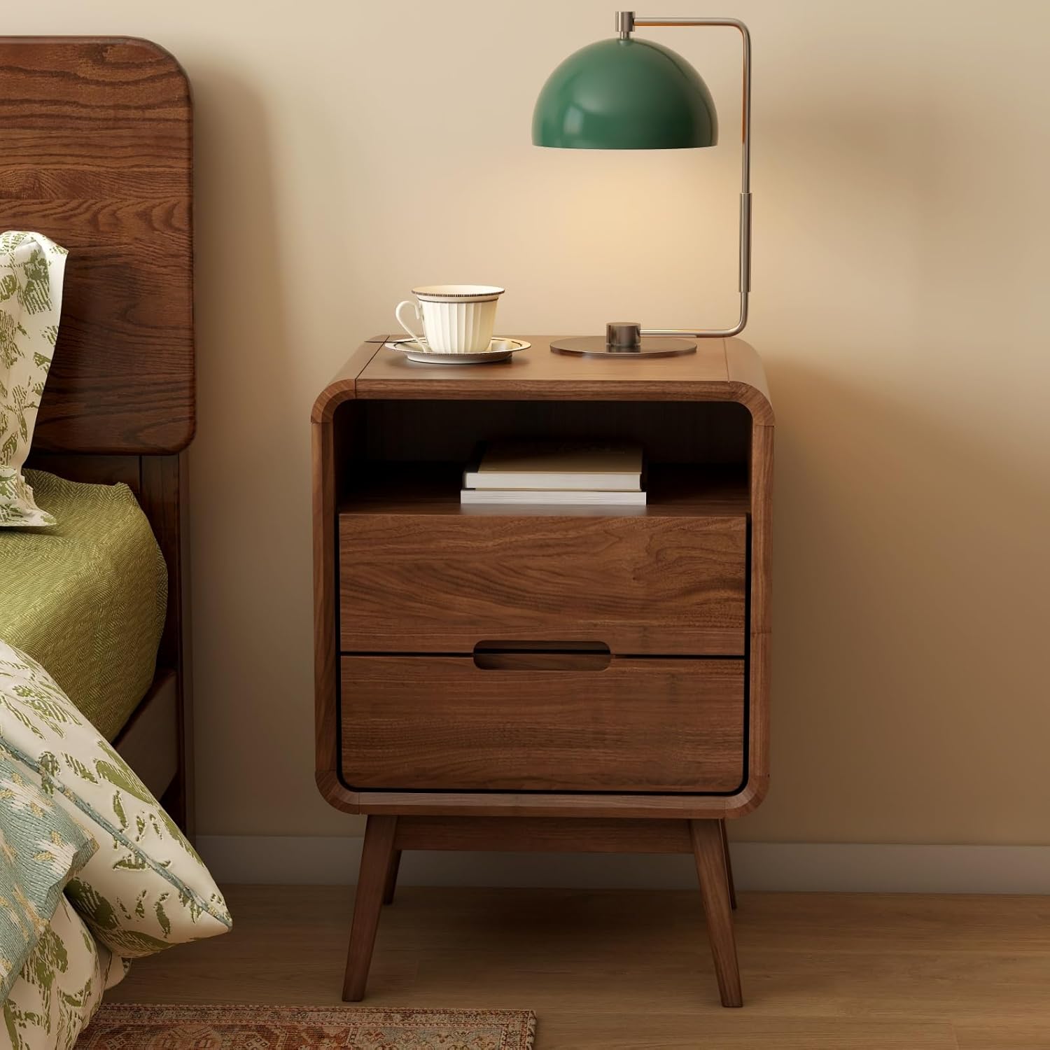 100% Solid Wood Nightstand, Walnut Night Stand with Drawer and Open Shelf, Mid Century Nightstand, Small Nightstands for Small Spaces, Wood Bedside Table for Bedroom, Living Room(20.47" H)