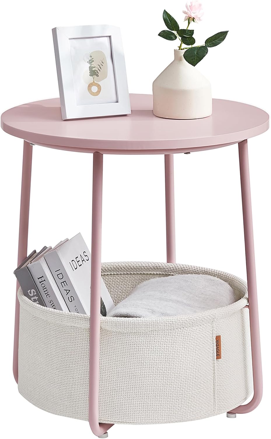 VASAGLE Small Round Side End Table, Modern Nightstand with Fabric Basket, Matte White and Camel Brown ULET223W10