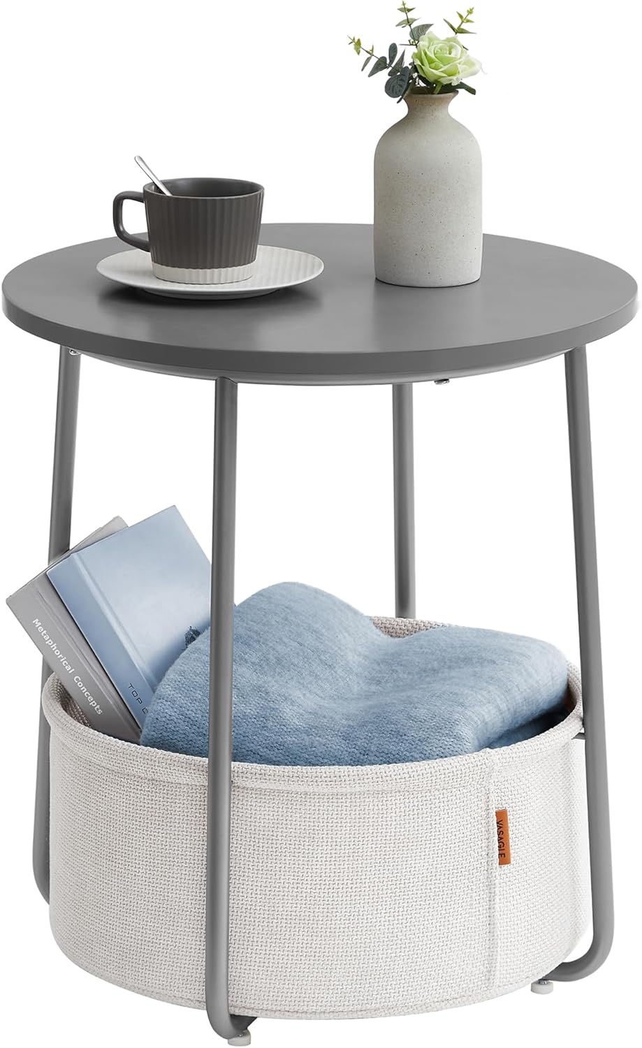 VASAGLE Small Round Side End Table, Modern Nightstand with Fabric Basket, Matte White and Camel Brown ULET223W10