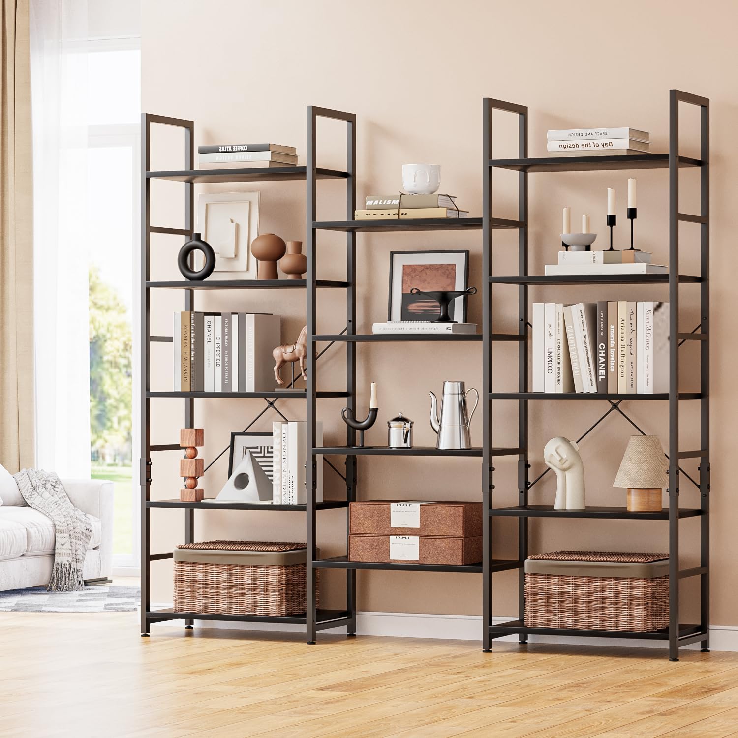 NUMENN Triple Column 5 Tier Bookshelf, Bookcase with 14 Open Display Shelves, Adjustable Rustic Industrial Style Book Shelves, Modern Bookshelves for Bedroom, Living Room and Home Office, Vintage
