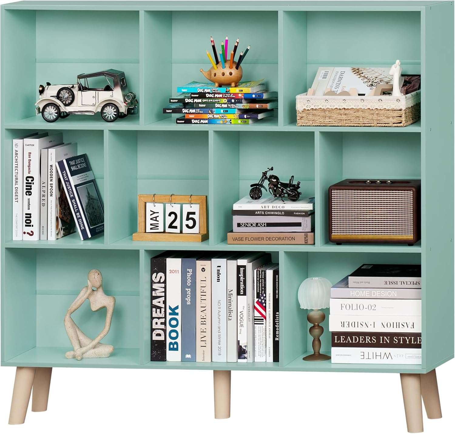 LEYAOYAO Cube Bookshelf 3 Tier Mid-Century Rustic Brown Modern Bookcase with Legs,Retro Wood Bookshelves Storage Organizer Shelf,Freestanding Open Book Shelves for Bedroom,Living Room,Office