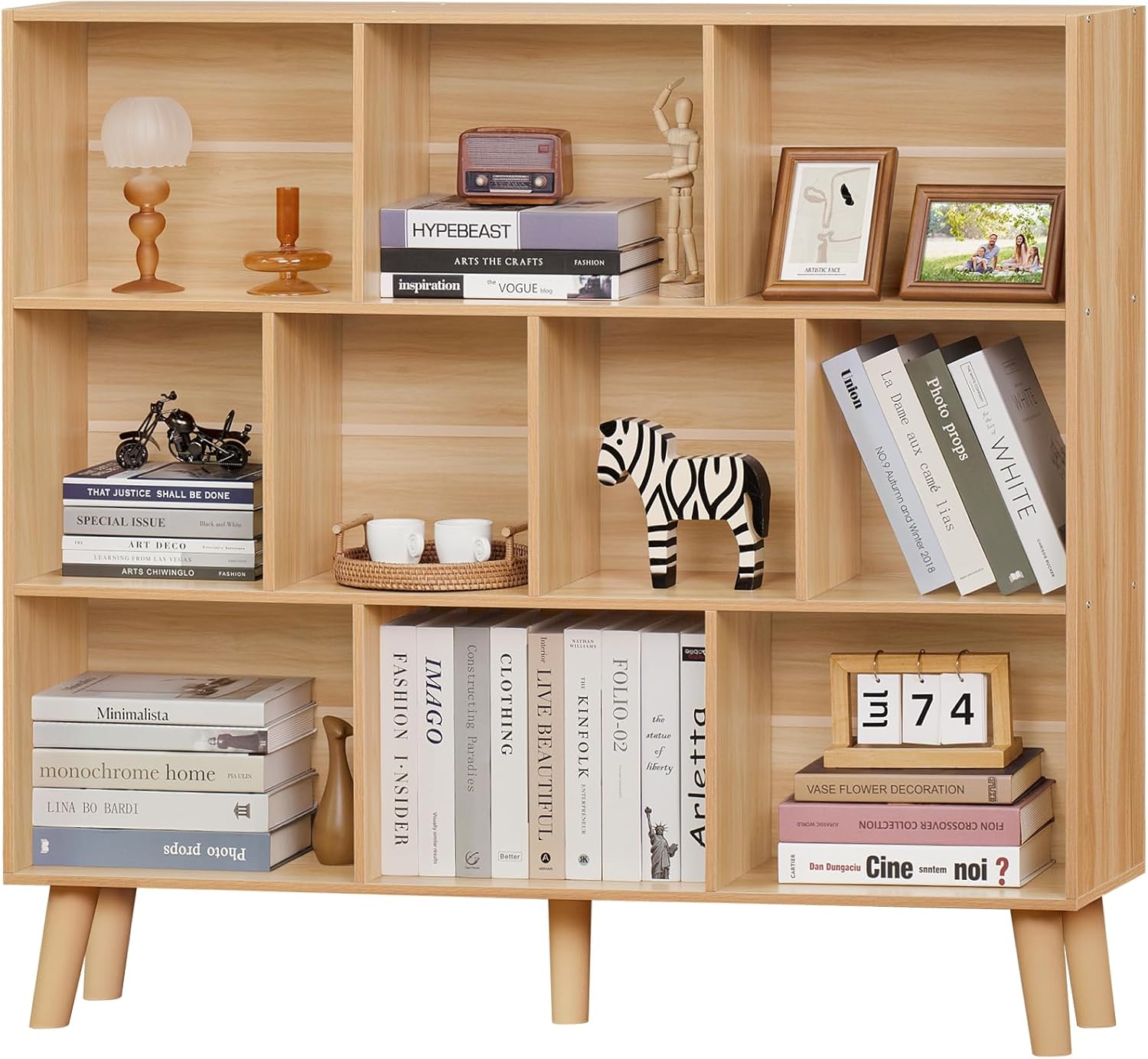 LEYAOYAO Cube Bookshelf 3 Tier Mid-Century Rustic Brown Modern Bookcase with Legs,Retro Wood Bookshelves Storage Organizer Shelf,Freestanding Open Book Shelves for Bedroom,Living Room,Office