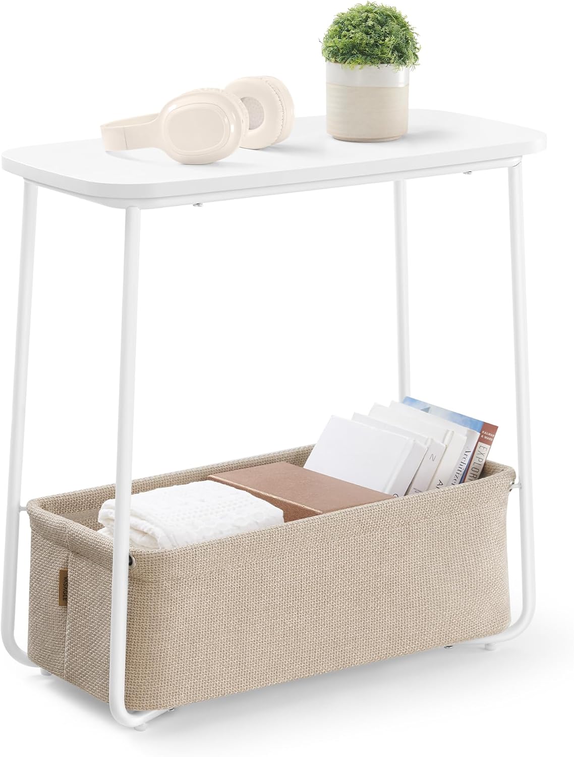 VASAGLE Small Round Side End Table, Modern Nightstand with Fabric Basket, Matte White and Camel Brown ULET223W10