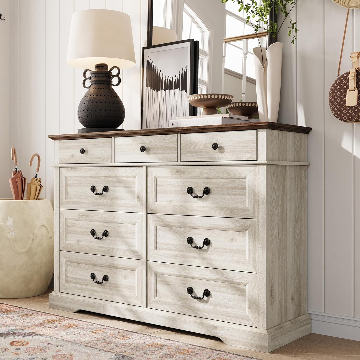 LINSY HOME 5 Drawers Dresser for Bedroom, Wood Tall Bedroom Chest of Drawers with Metal Handle, Farmhouse Dressers Organizer for Living Room, Closet, Hallway, White Oak