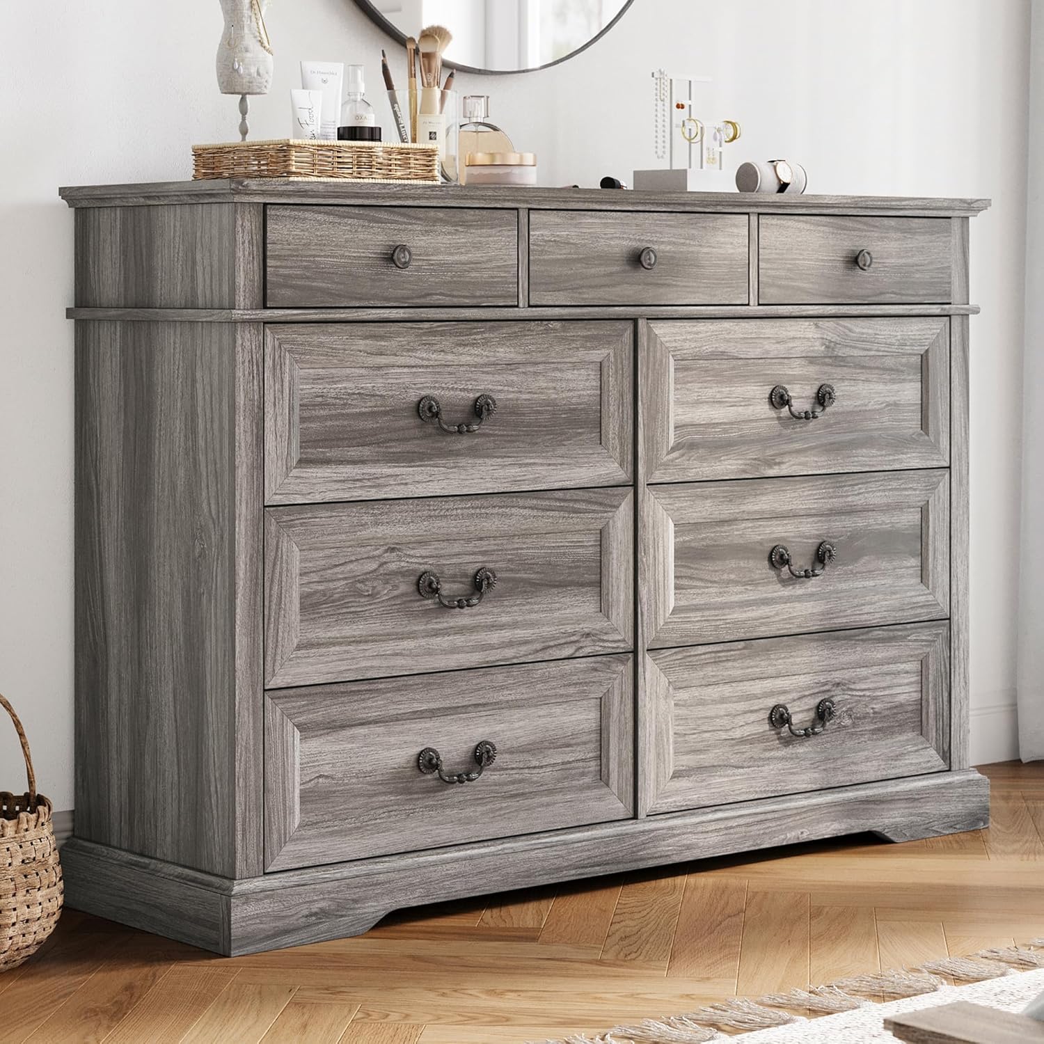 LINSY HOME 5 Drawers Dresser for Bedroom, Wood Tall Bedroom Chest of Drawers with Metal Handle, Farmhouse Dressers Organizer for Living Room, Closet, Hallway, White Oak