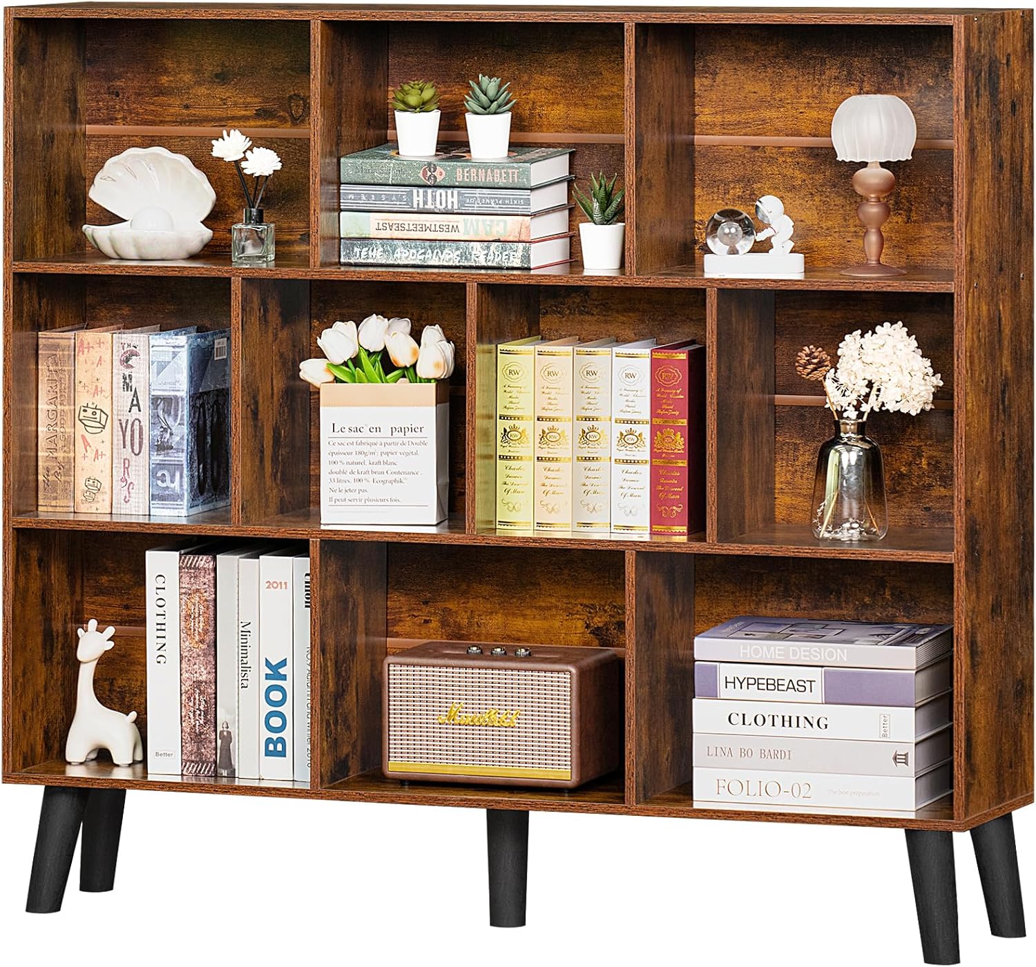 LEYAOYAO Cube Bookshelf 3 Tier Mid-Century Rustic Brown Modern Bookcase with Legs,Retro Wood Bookshelves Storage Organizer Shelf,Freestanding Open Book Shelves for Bedroom,Living Room,Office