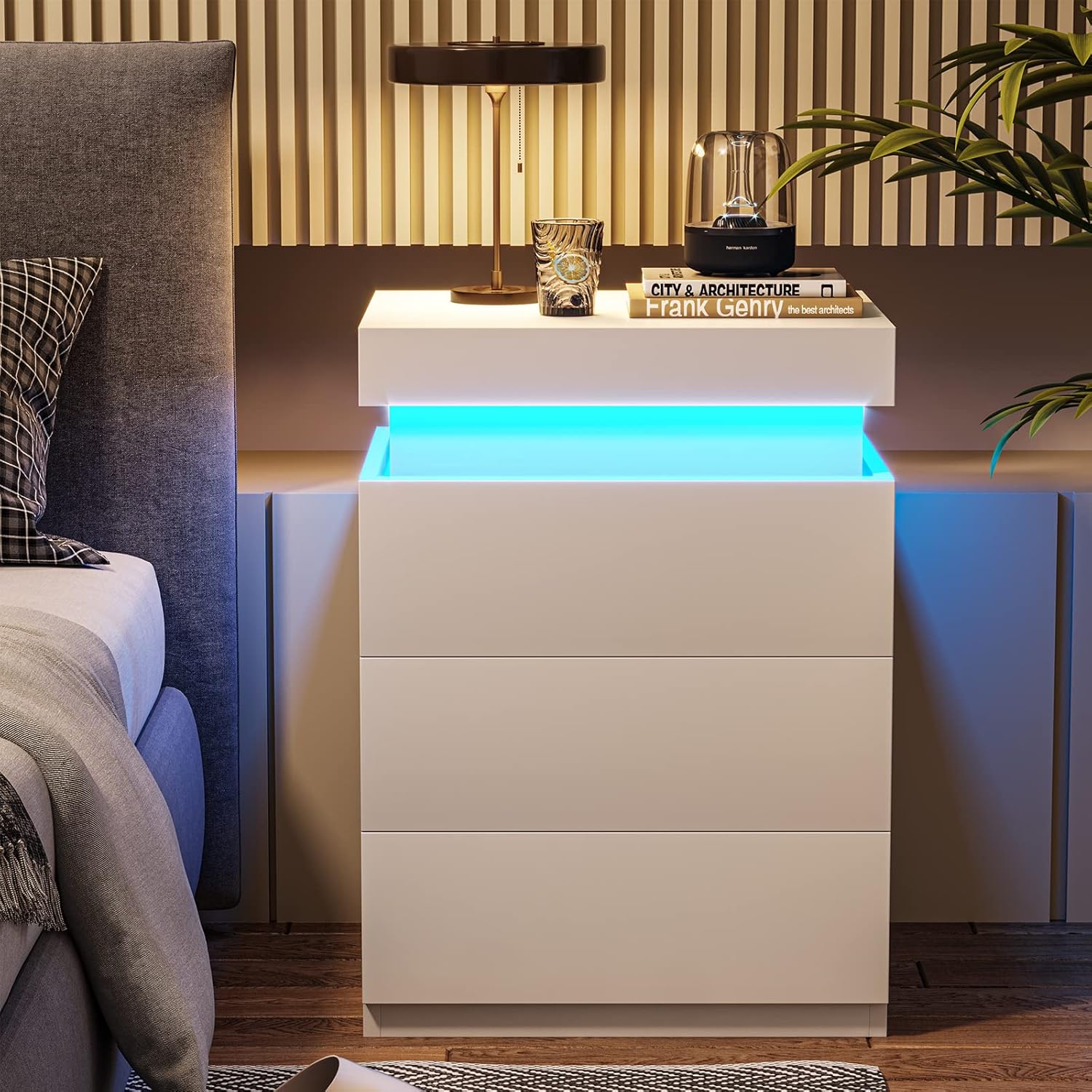 ADORNEVE Nightstand with Charging Station and LED Lights,Night Stand with Sliding Top,Bedside Table with Drawers,Modern End Side Table for Bedroom,Black
