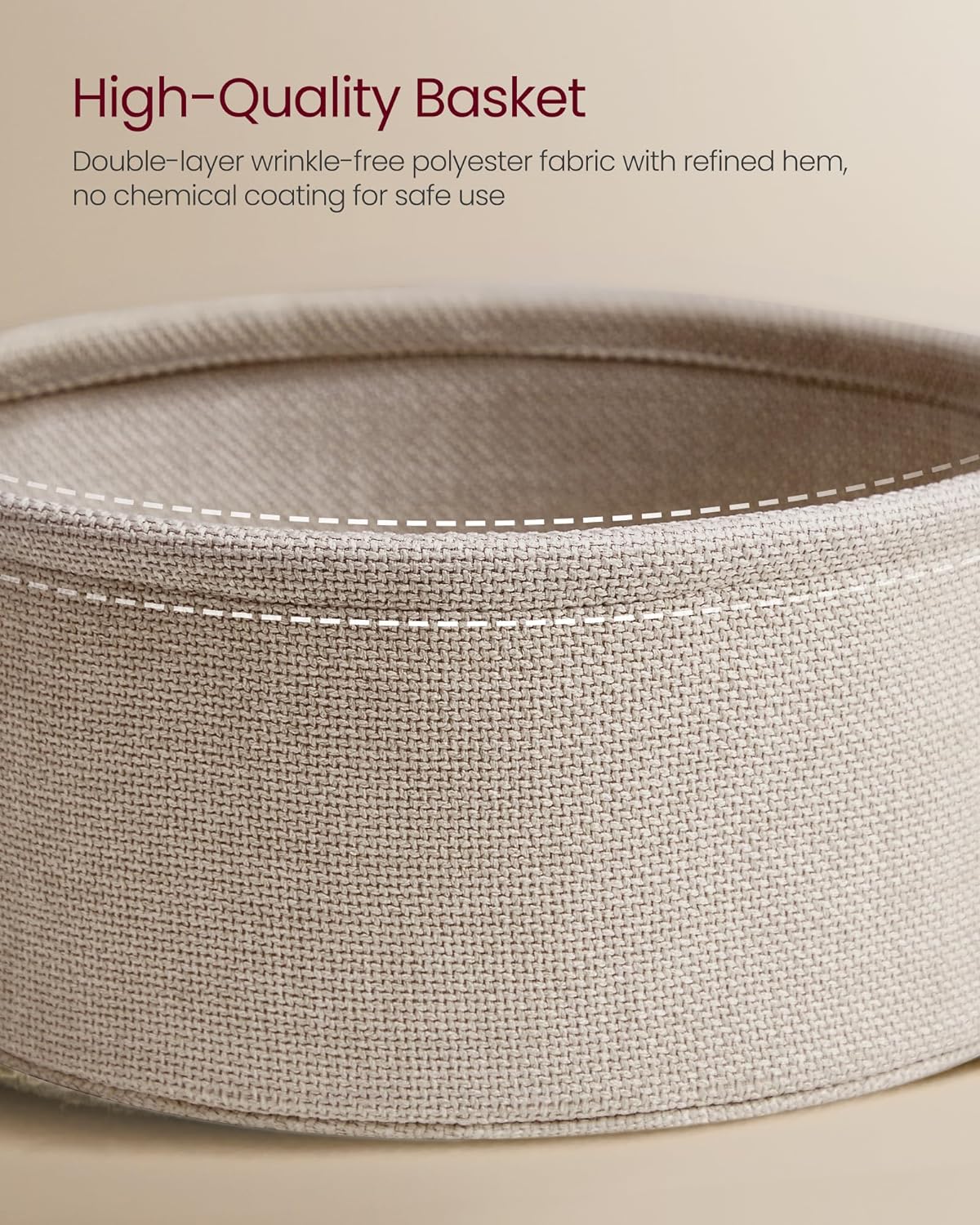 VASAGLE Small Round Side End Table, Modern Nightstand with Fabric Basket, Matte White and Camel Brown ULET223W10