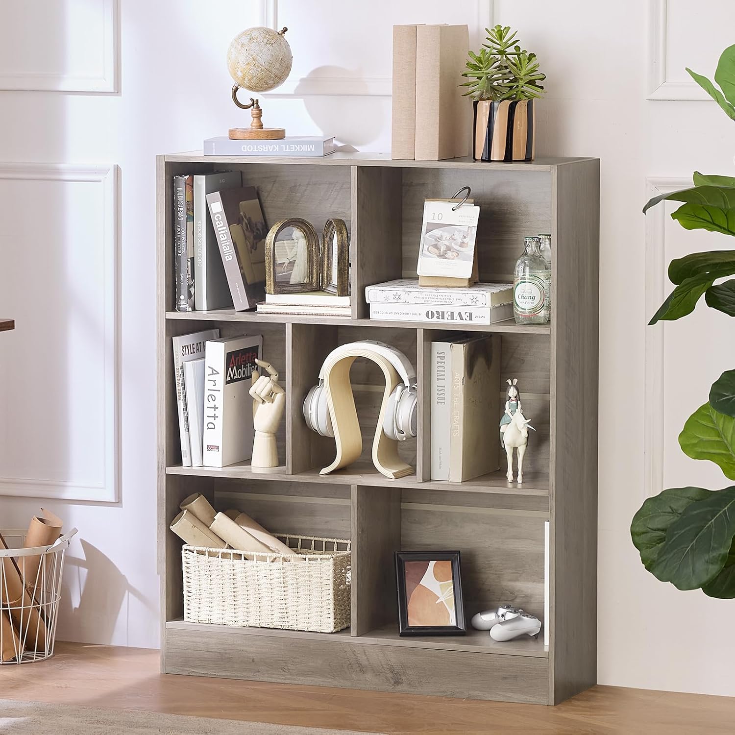 LEYAOYAO Cube Bookshelf 3 Tier Mid-Century Rustic Brown Modern Bookcase with Legs,Retro Wood Bookshelves Storage Organizer Shelf,Freestanding Open Book Shelves for Bedroom,Living Room,Office