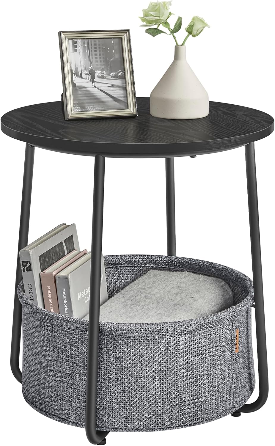 VASAGLE Small Round Side End Table, Modern Nightstand with Fabric Basket, Matte White and Camel Brown ULET223W10