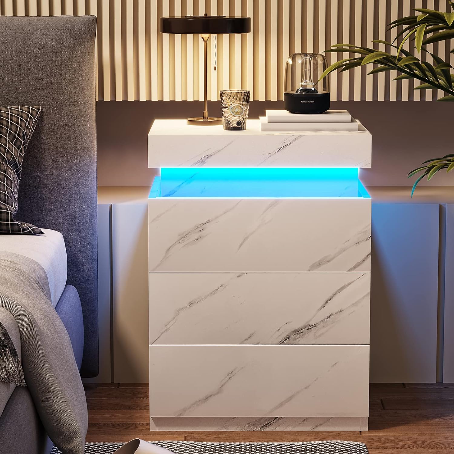 ADORNEVE Nightstand with Charging Station and LED Lights,Night Stand with Sliding Top,Bedside Table with Drawers,Modern End Side Table for Bedroom,Black