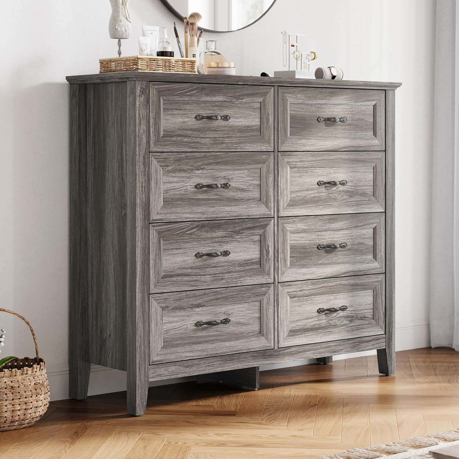 LINSY HOME 5 Drawers Dresser for Bedroom, Wood Tall Bedroom Chest of Drawers with Metal Handle, Farmhouse Dressers Organizer for Living Room, Closet, Hallway, White Oak
