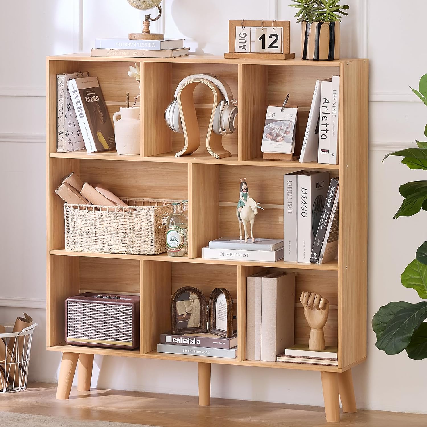 LEYAOYAO Cube Bookshelf 3 Tier Mid-Century Rustic Brown Modern Bookcase with Legs,Retro Wood Bookshelves Storage Organizer Shelf,Freestanding Open Book Shelves for Bedroom,Living Room,Office