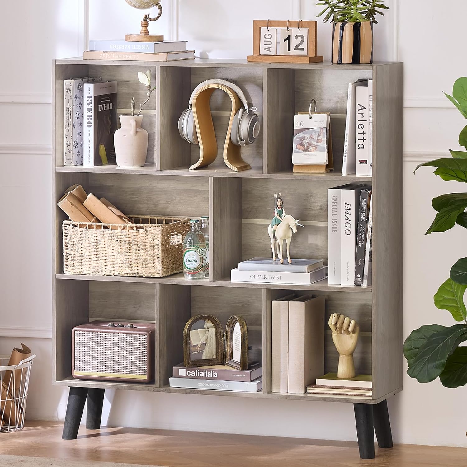 LEYAOYAO Cube Bookshelf 3 Tier Mid-Century Rustic Brown Modern Bookcase with Legs,Retro Wood Bookshelves Storage Organizer Shelf,Freestanding Open Book Shelves for Bedroom,Living Room,Office
