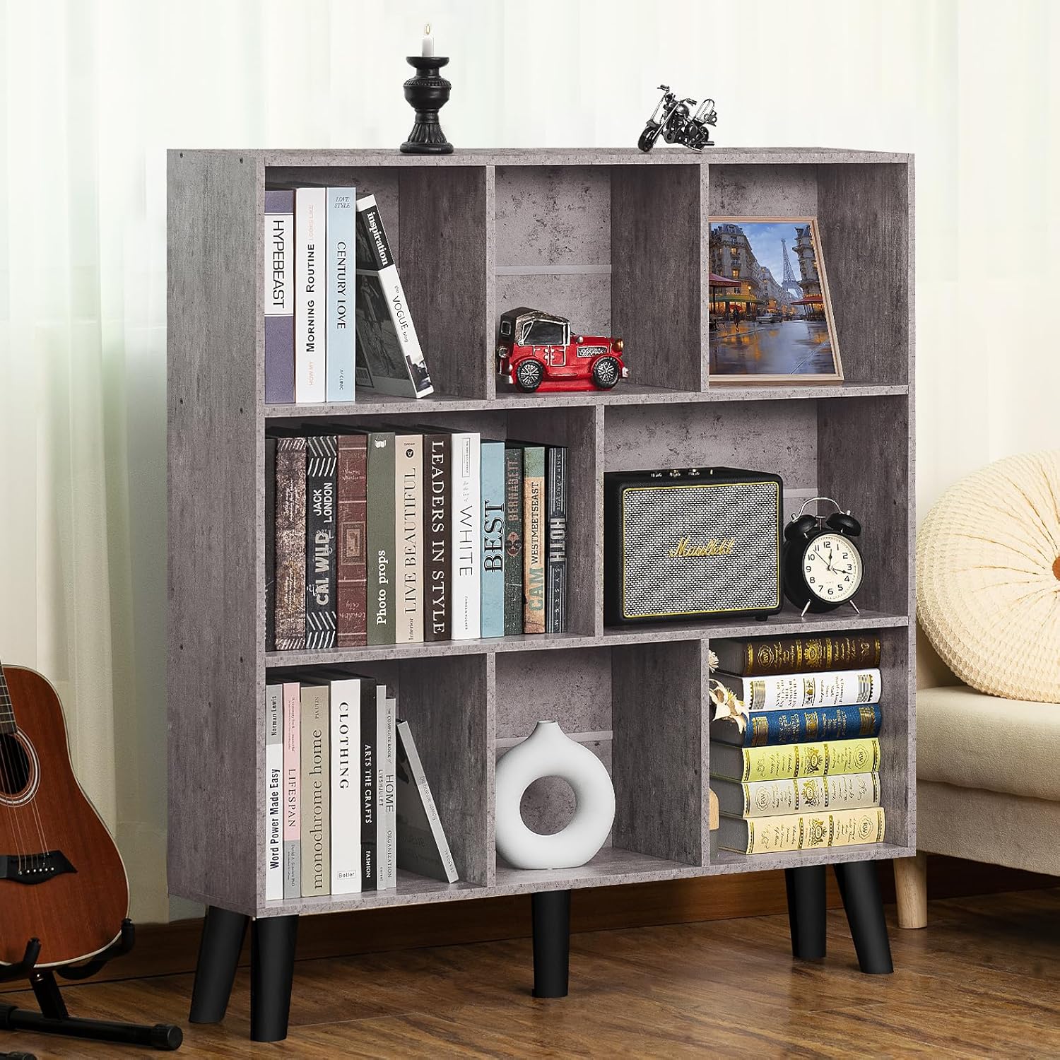 LEYAOYAO Cube Bookshelf 3 Tier Mid-Century Rustic Brown Modern Bookcase with Legs,Retro Wood Bookshelves Storage Organizer Shelf,Freestanding Open Book Shelves for Bedroom,Living Room,Office