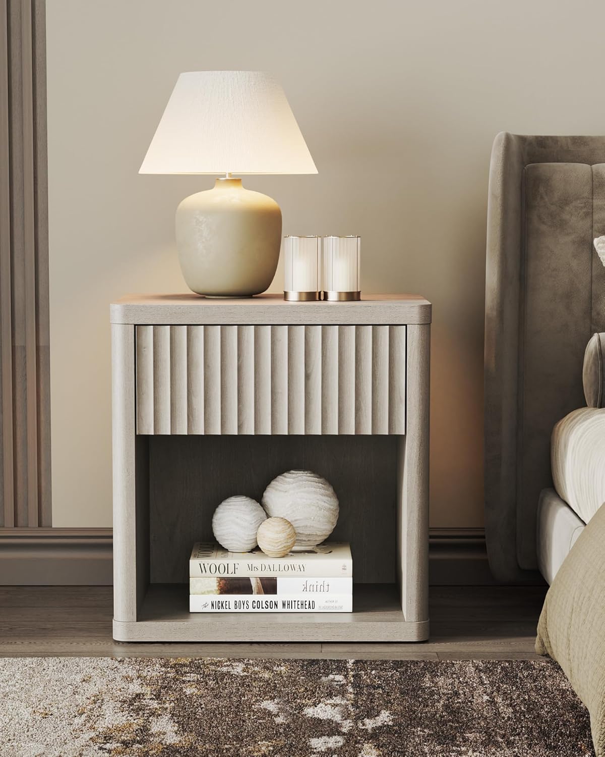 SICOTAS Night Stand Nightstand with Drawer Storage Fluted Bed Side Table End Table Large Modern Wide Bedside Stand Mid Century Night Stands for Bedroom Living Room Sofa Couch Home Office, White Alder