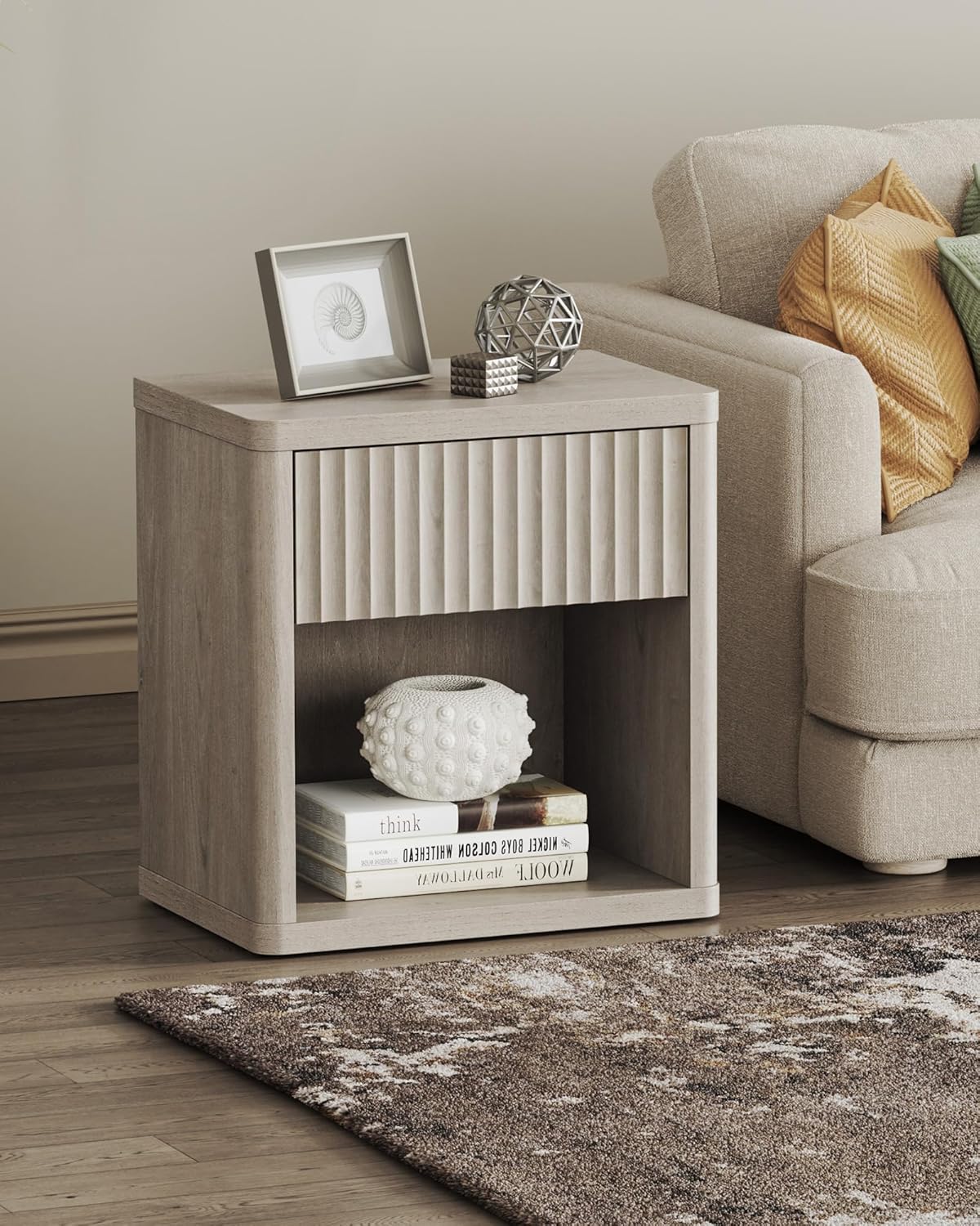 SICOTAS Night Stand Nightstand with Drawer Storage Fluted Bed Side Table End Table Large Modern Wide Bedside Stand Mid Century Night Stands for Bedroom Living Room Sofa Couch Home Office, White Alder
