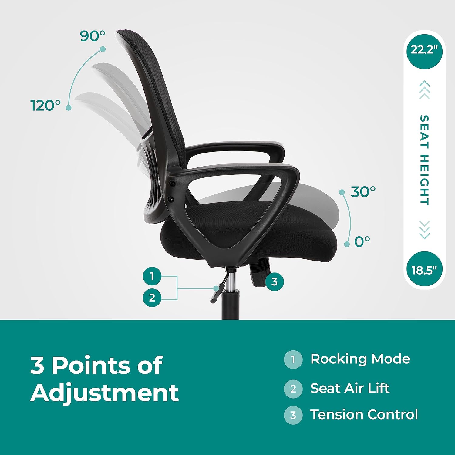 Home Office Computer Desk Chair, Ergonomic Mid-Back Mesh Rolling Work Swivel Task Chairs with Wheels, Comfortable Lumbar Support, Comfy Arms for Bedroom, Study, Dorm, Student
