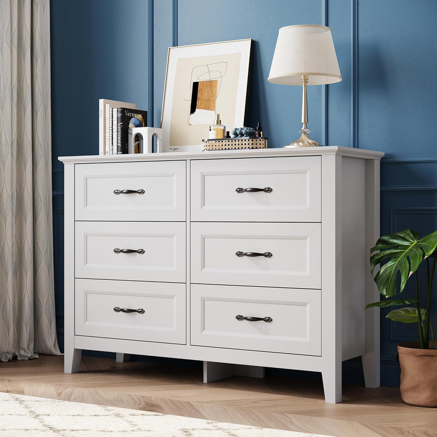 LINSY HOME 5 Drawers Dresser for Bedroom, Wood Tall Bedroom Chest of Drawers with Metal Handle, Farmhouse Dressers Organizer for Living Room, Closet, Hallway, White Oak