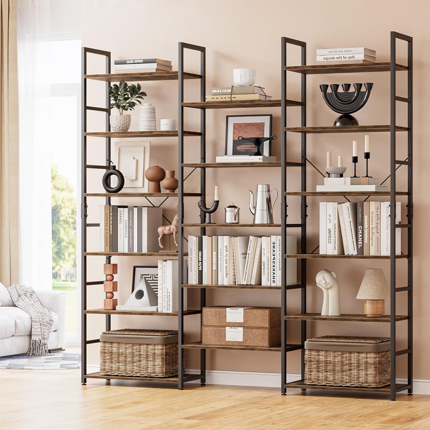 NUMENN Triple Column 5 Tier Bookshelf, Bookcase with 14 Open Display Shelves, Adjustable Rustic Industrial Style Book Shelves, Modern Bookshelves for Bedroom, Living Room and Home Office, Vintage
