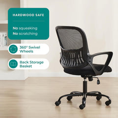 Home Office Computer Desk Chair, Ergonomic Mid-Back Mesh Rolling Work Swivel Task Chairs with Wheels, Comfortable Lumbar Support, Comfy Arms for Bedroom, Study, Dorm, Student