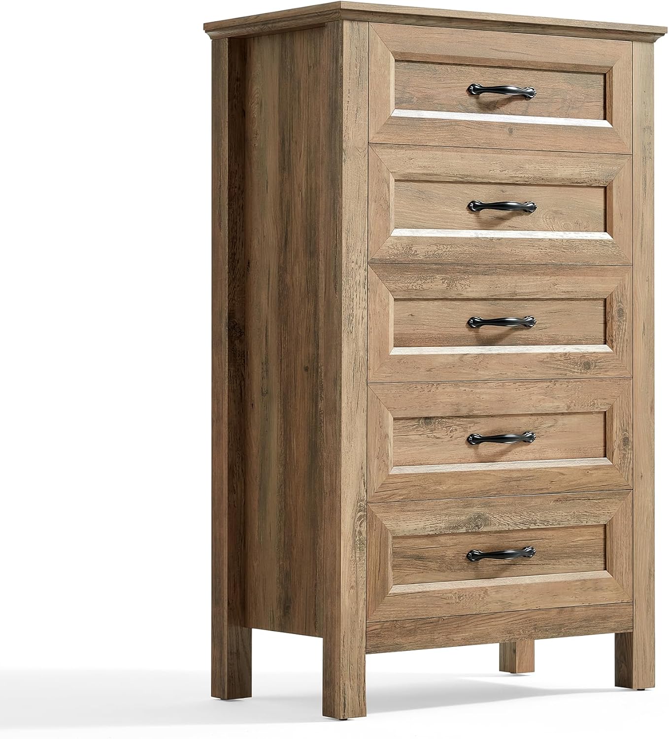 LINSY HOME 5 Drawers Dresser for Bedroom, Wood Tall Bedroom Chest of Drawers with Metal Handle, Farmhouse Dressers Organizer for Living Room, Closet, Hallway, White Oak