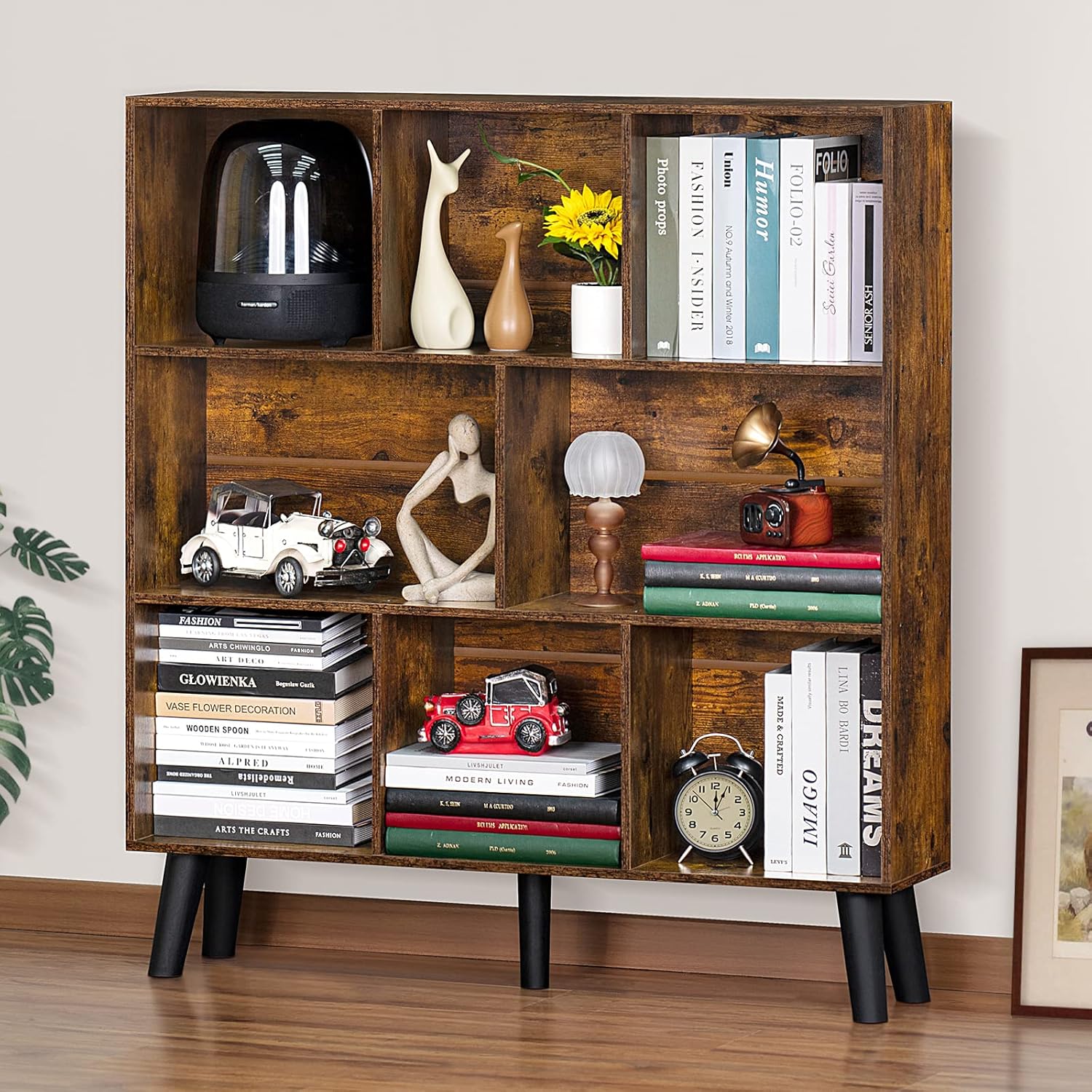 LEYAOYAO Cube Bookshelf 3 Tier Mid-Century Rustic Brown Modern Bookcase with Legs,Retro Wood Bookshelves Storage Organizer Shelf,Freestanding Open Book Shelves for Bedroom,Living Room,Office