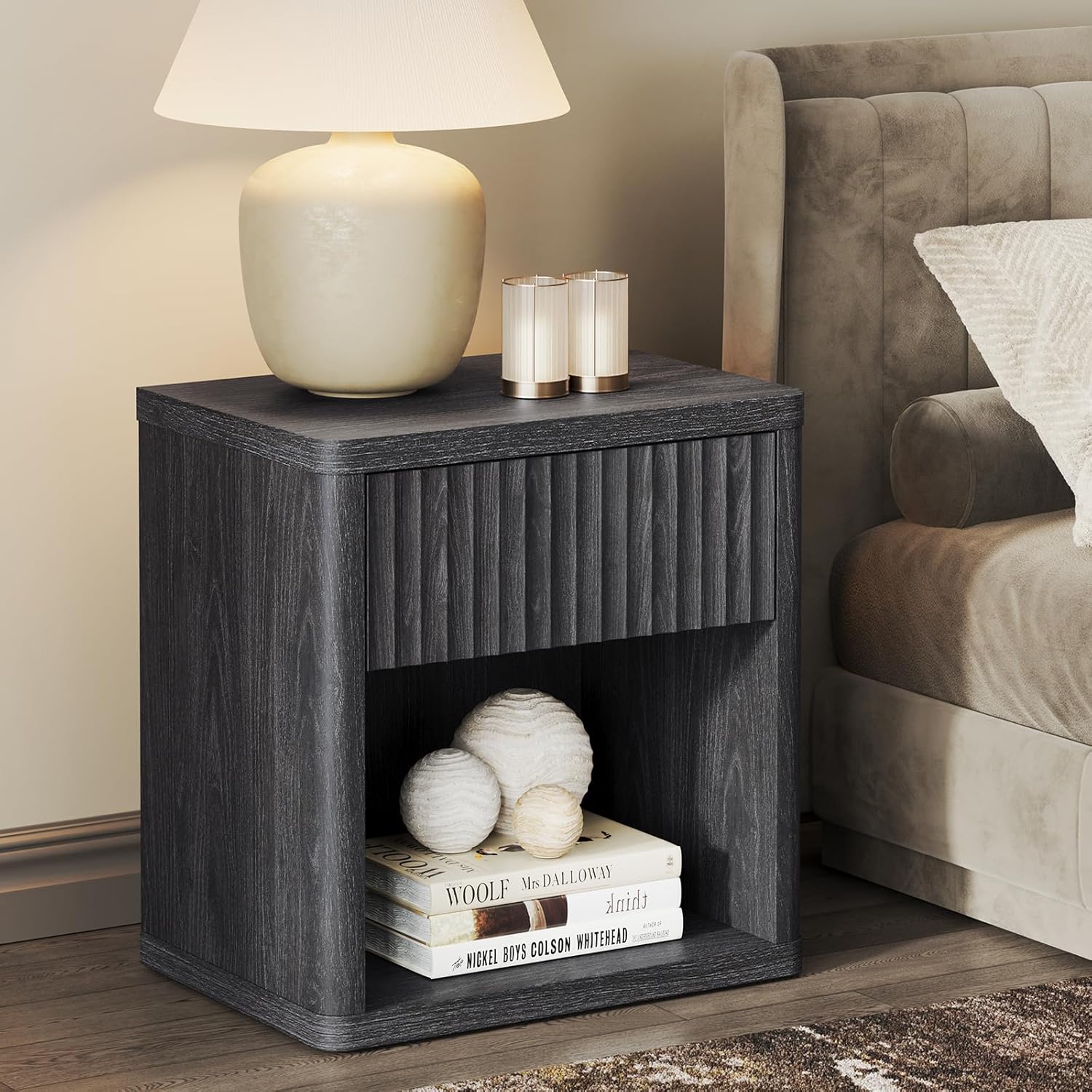 SICOTAS Night Stand Nightstand with Drawer Storage Fluted Bed Side Table End Table Large Modern Wide Bedside Stand Mid Century Night Stands for Bedroom Living Room Sofa Couch Home Office, White Alder