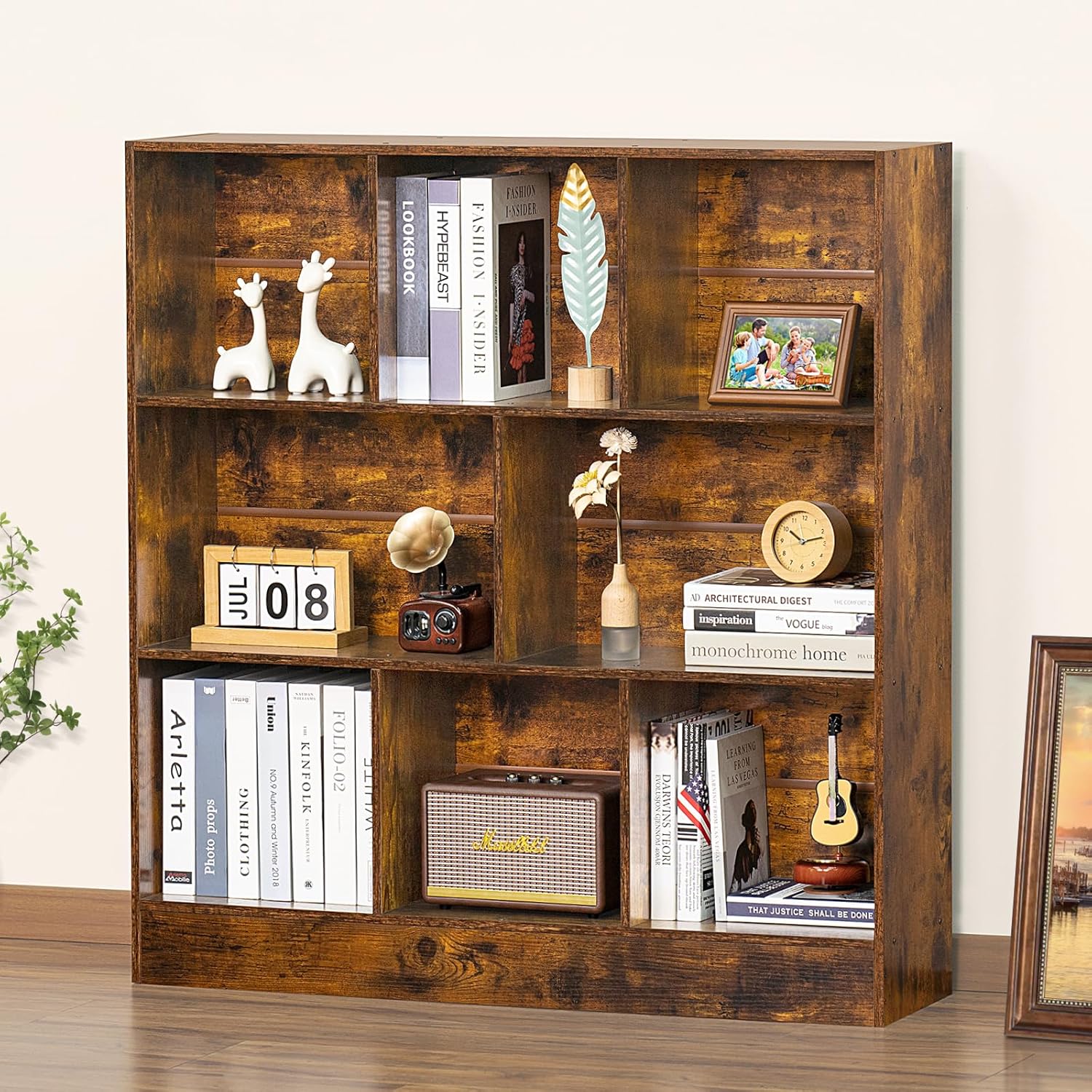 LEYAOYAO Cube Bookshelf 3 Tier Mid-Century Rustic Brown Modern Bookcase with Legs,Retro Wood Bookshelves Storage Organizer Shelf,Freestanding Open Book Shelves for Bedroom,Living Room,Office