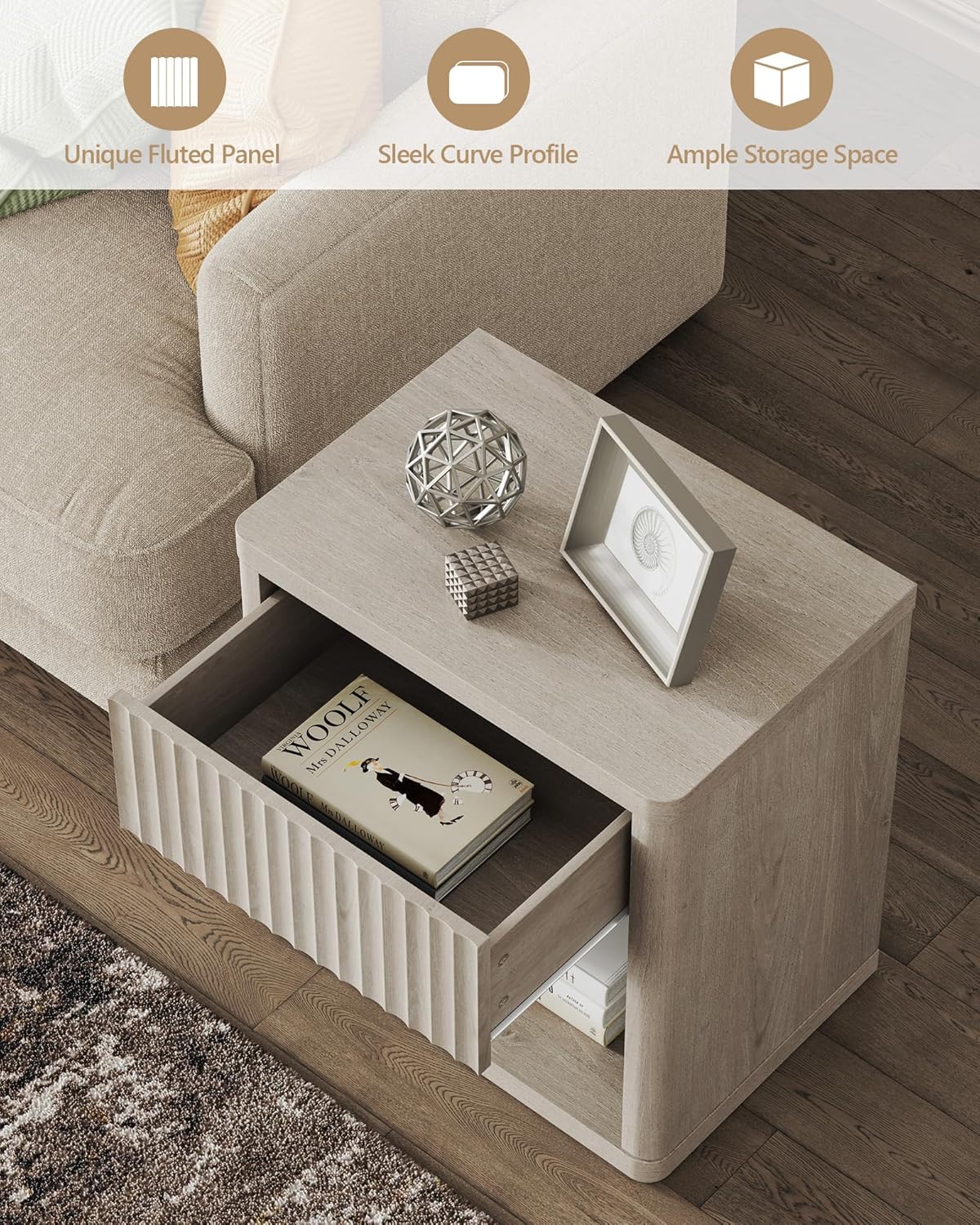 SICOTAS Night Stand Nightstand with Drawer Storage Fluted Bed Side Table End Table Large Modern Wide Bedside Stand Mid Century Night Stands for Bedroom Living Room Sofa Couch Home Office, White Alder
